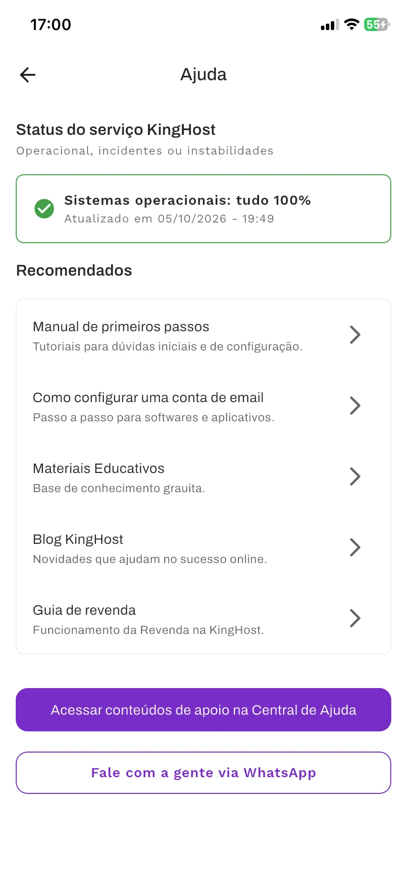 Tela de Ajuda: status dos serviços da KingHost, conteúdos recomendados e os botões para a Central de Ajuda e para falar pelo WhatsApp.