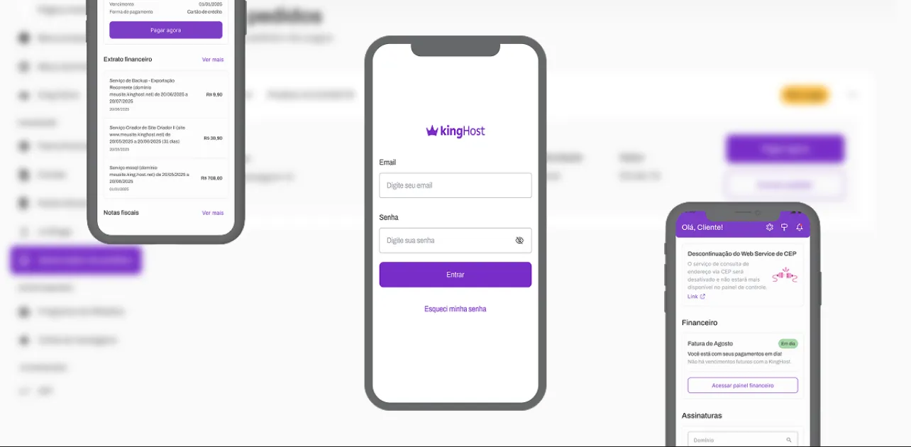 King App em três celulares: o extrato financeiro, a tela de login e a tela inicial com avisos, a fatura do mês e as assinaturas.