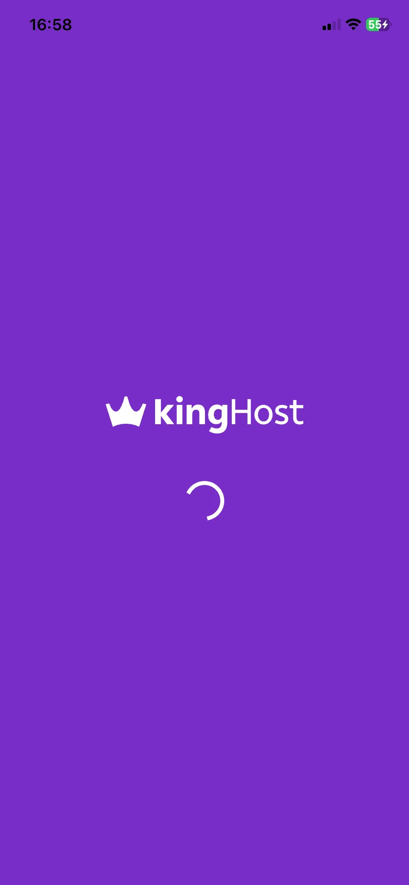 Tela de carregamento do King App, com o logo da KingHost sobre fundo roxo.