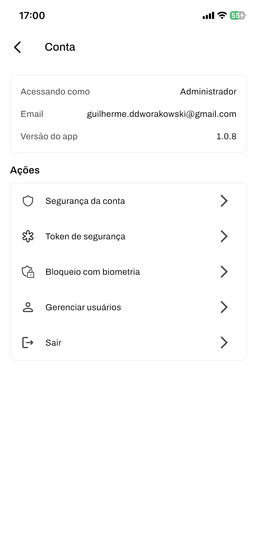 Tela de Conta: dados de acesso e as ações da conta, como segurança, token, bloqueio com biometria, gerenciar usuários e sair.