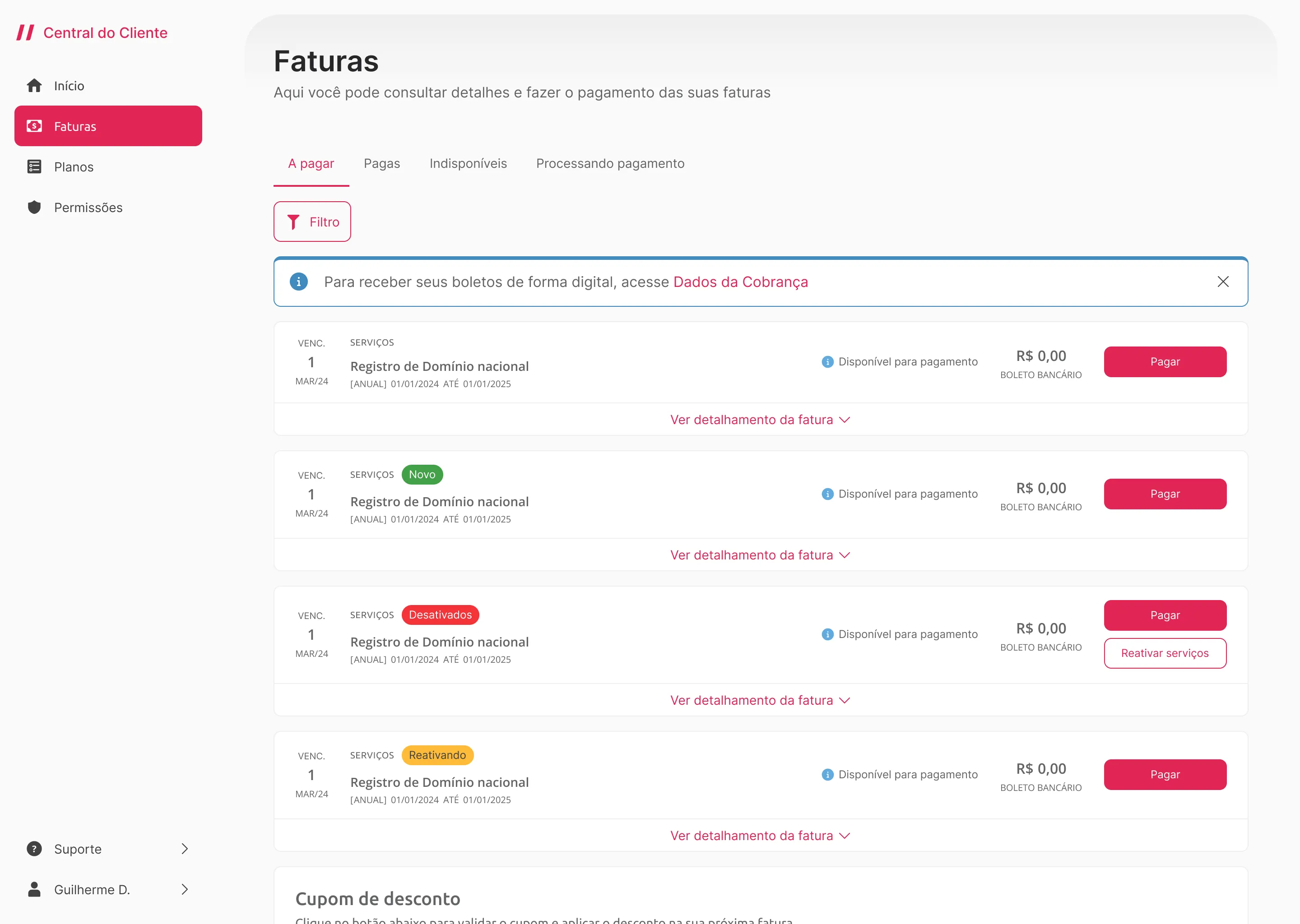 Tela de Faturas na aba A pagar: lista de faturas com vencimento, valor e o botão Pagar em cada uma.