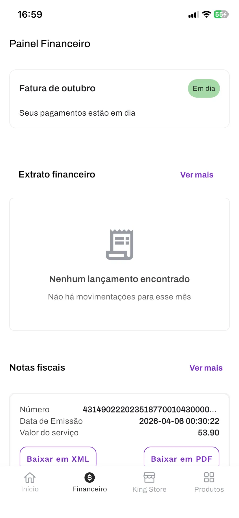 Painel Financeiro: fatura do mês em dia, extrato financeiro e notas fiscais com a opção de baixar em XML ou PDF.