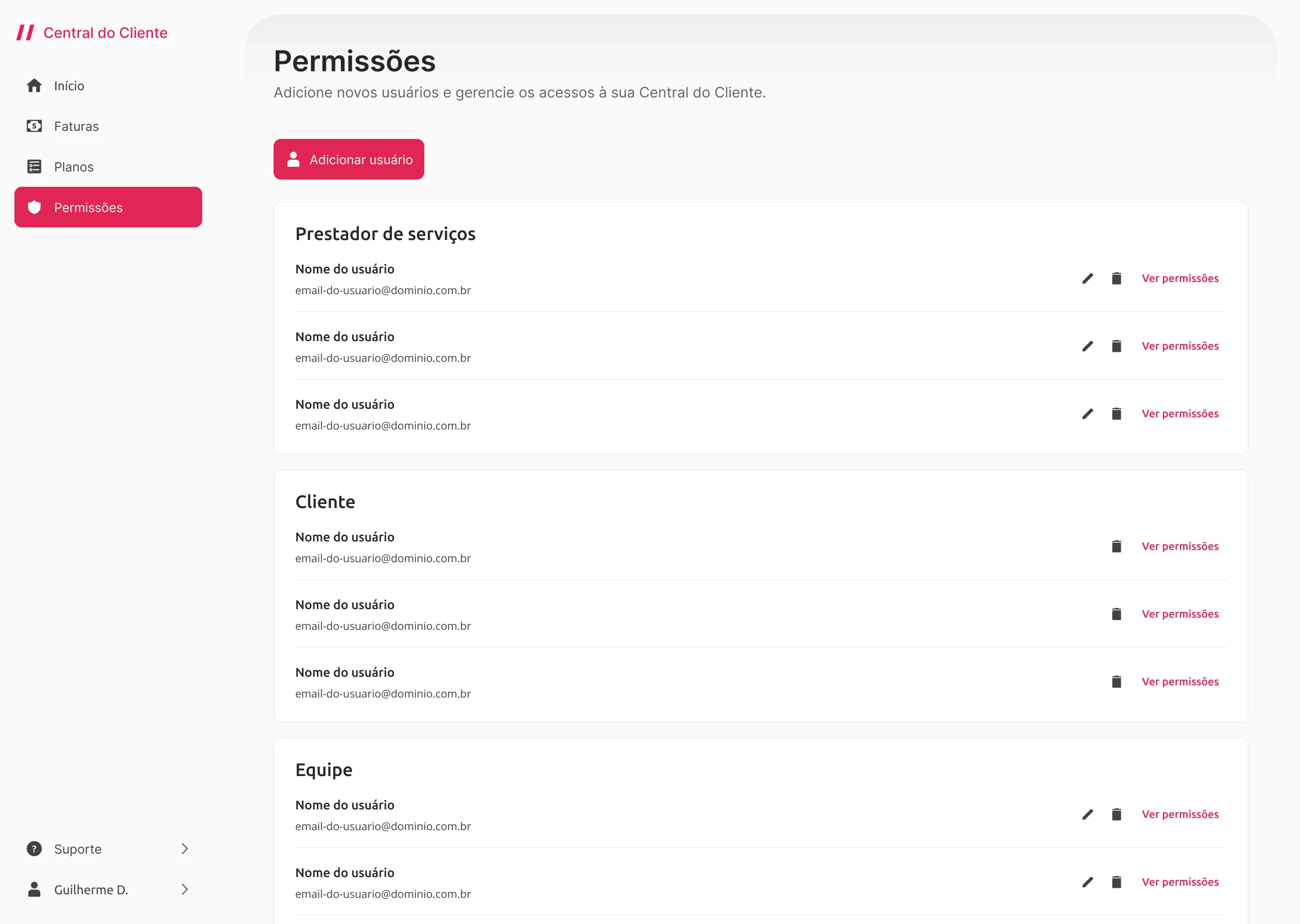 Tela de Permissões: usuários separados em Prestador de serviços, Cliente e Equipe, com o botão para adicionar usuário.