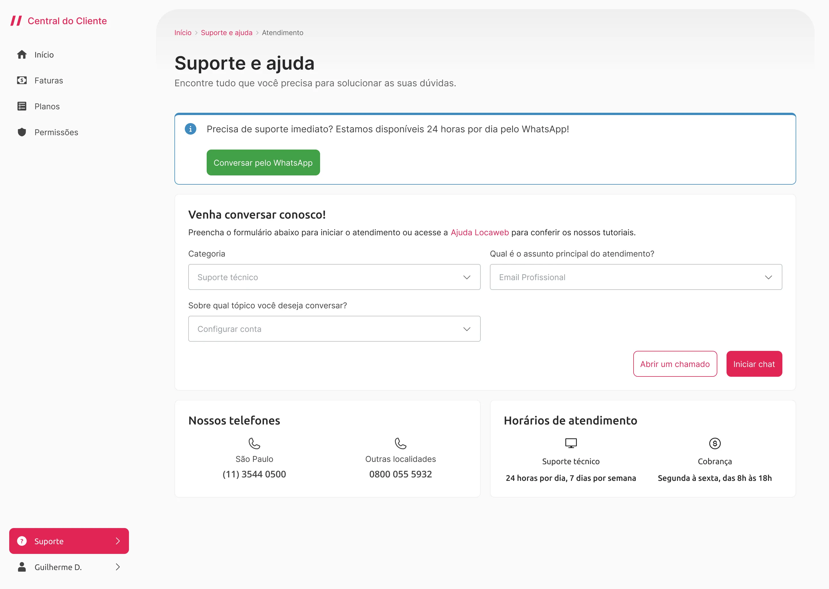 Tela de Suporte e ajuda: aviso de atendimento pelo WhatsApp, formulário para abrir um chamado, telefones e horários de atendimento.